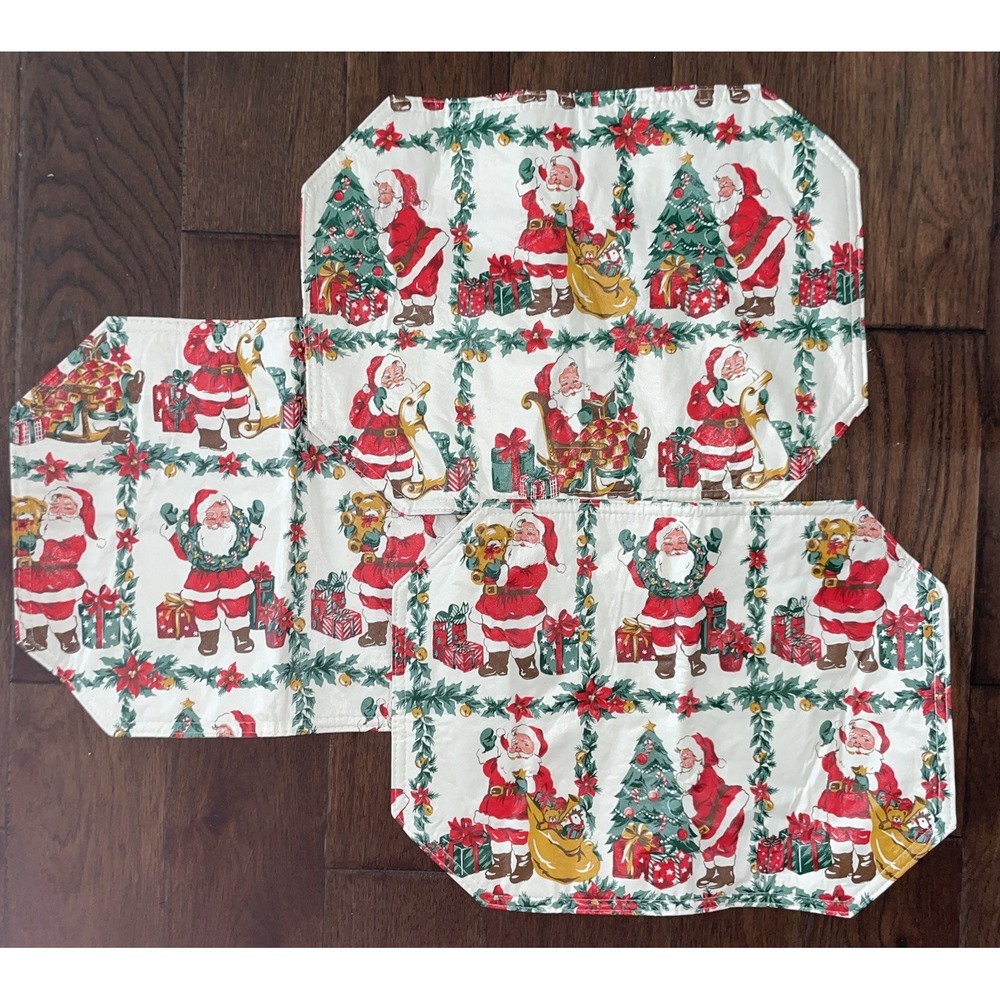 Lot Of 3 Double Sided Vintage Christmas Santa Claus Reversible Plastic Placemats